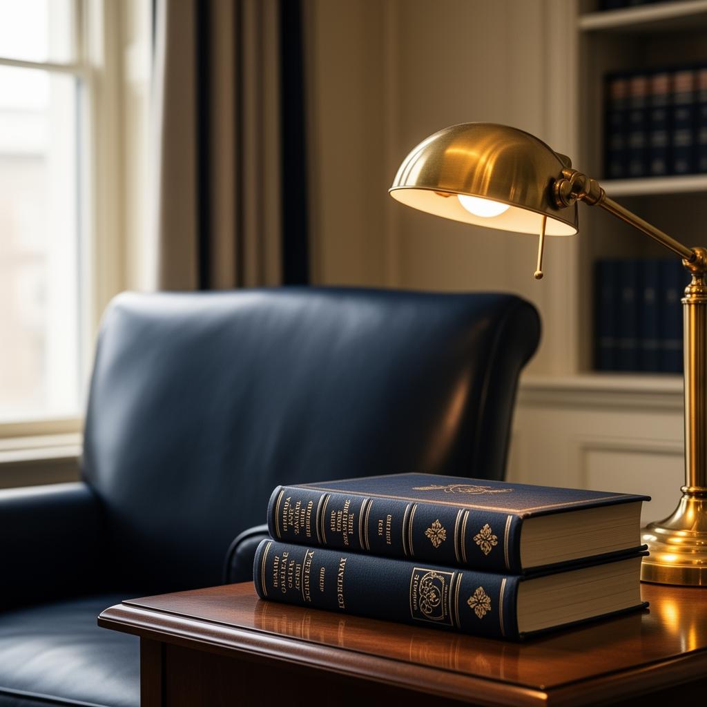 A boutique law office interior with leather chair, brass lamp and legal volumes