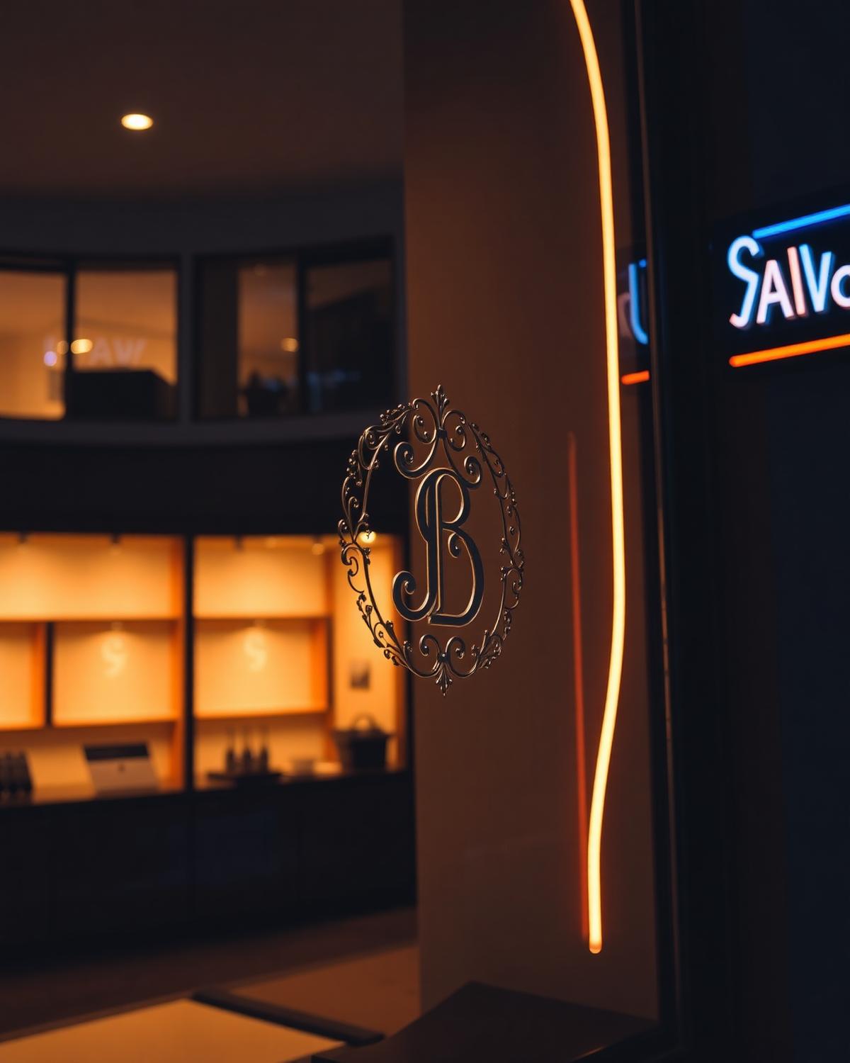 Luxury retail storefront with embossed brand monogram at dusk