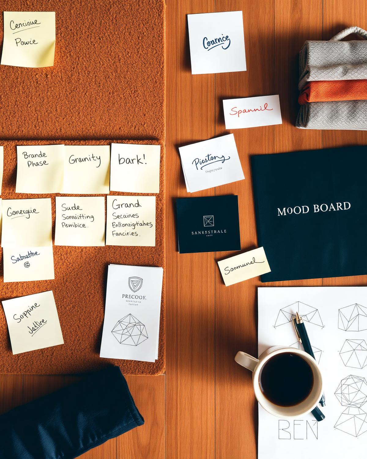 Naming workshop with sticky notes, mood board and brand sketches