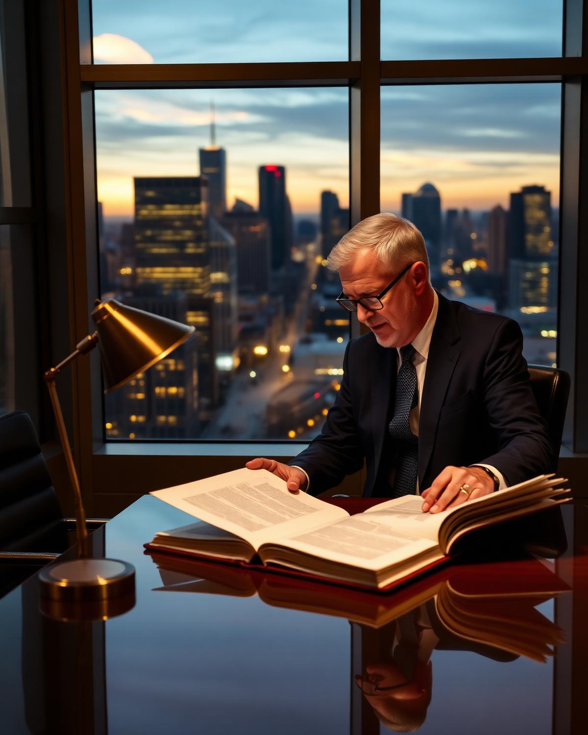 Senior attorney reviewing M&A binders with a city skyline view at dusk