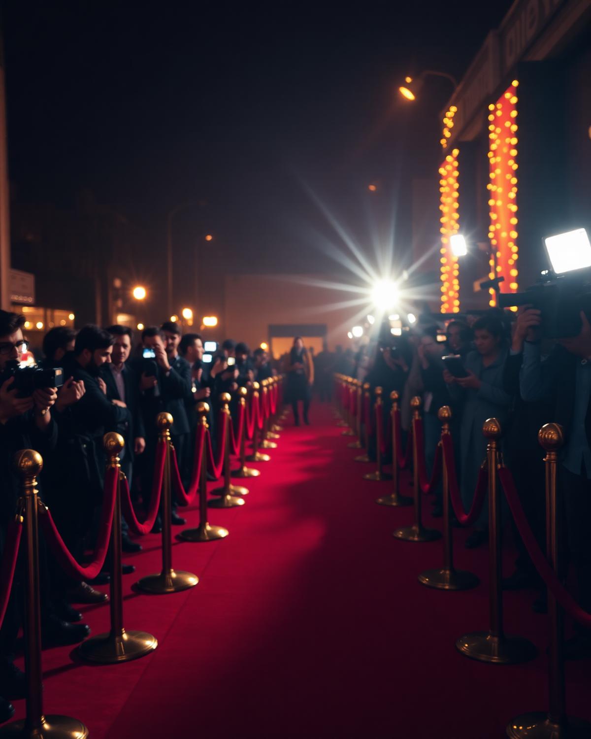 Red carpet at night with paparazzi flashes, velvet rope and brass stanchions