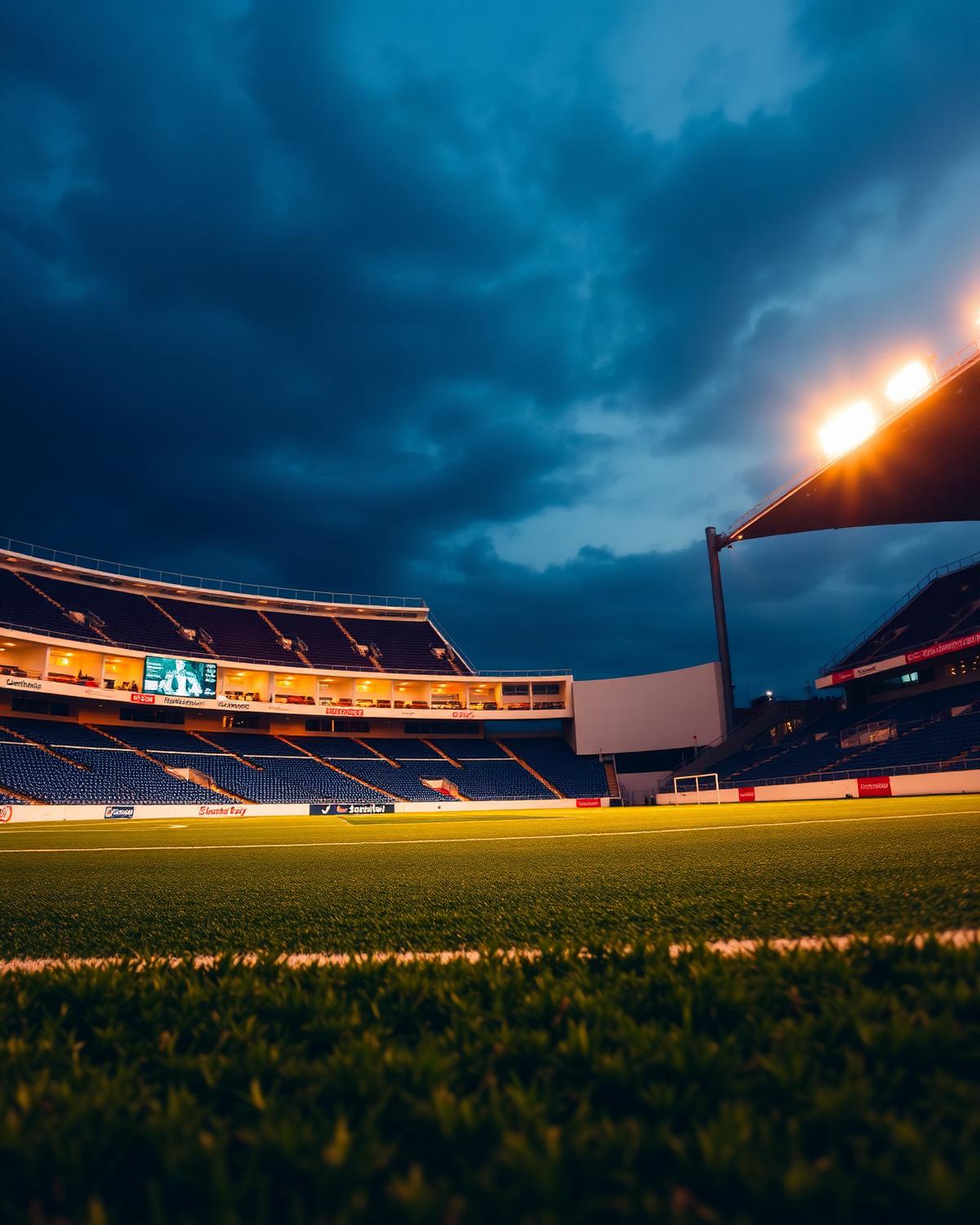Sports stadium at twilight with floodlights illuminating the field