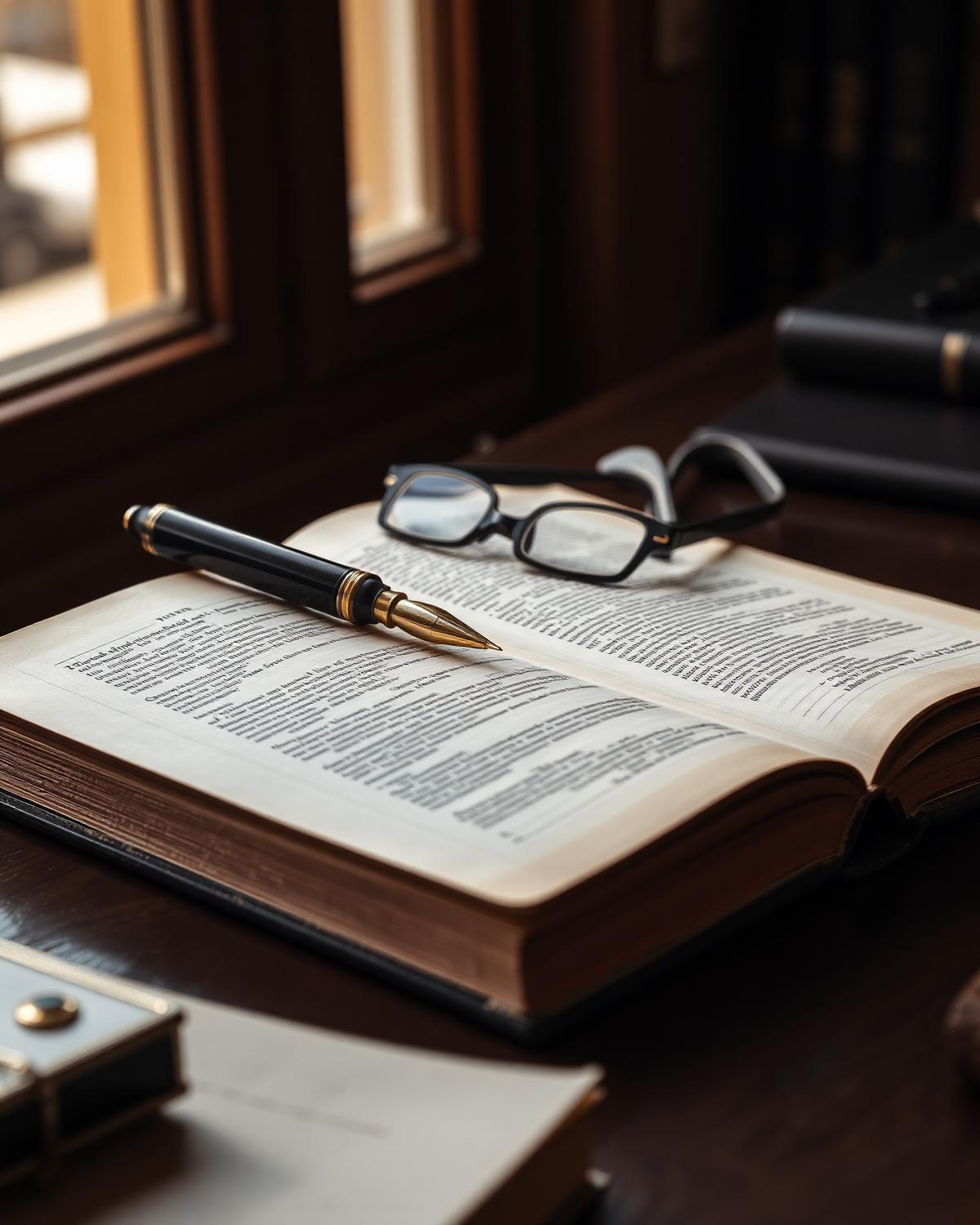 Open law book, fountain pen and reading glasses