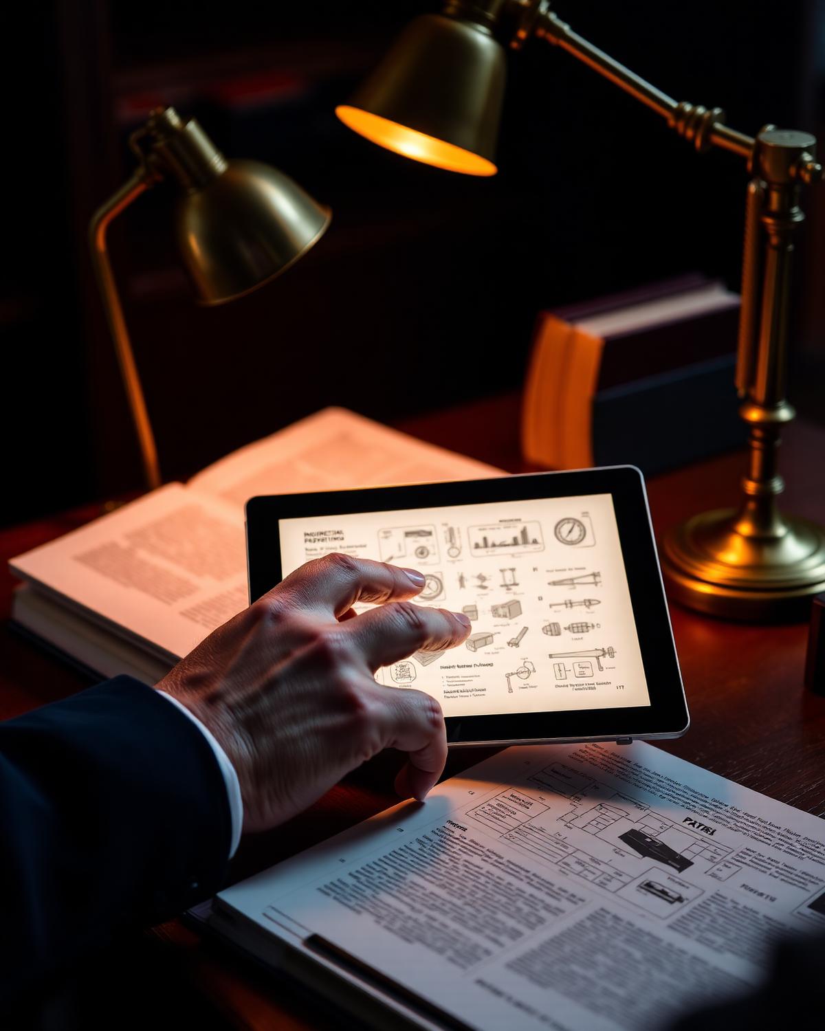 Attorney reviewing intellectual property law books and patent diagrams